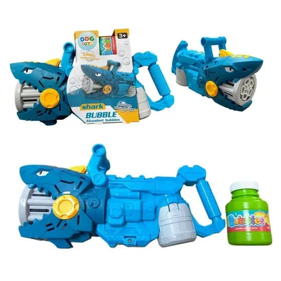Pistola de Bolhas Tubarão Azul Automática - Produz 10.000 Bolhas em 5 Minutos +3 Anos