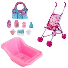 Kit Banheira Boneca Reborn Hora Do Banho + Carrinho e Bolsa