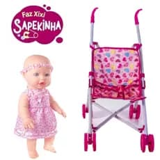 Kit Boneca Barato Faz Xixi + Mamadeira + Fralda + Carrinho