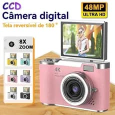 Câmera digital com zoom 4K CCD 8x, adequada para fotografia estudantil, compacta de 48MP, tela flip selfie de 180°