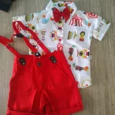 Roupa CIRCO festa menino infantil conjunto Camisa Gravata Bermuda e Suspensório