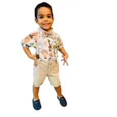 Roupa do safari zoo infantil conjunto safari menino festa acompanha camisa, gravata, bermuda e suspensório