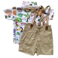 CONJUNTO SAFARI BRANCO para menino, roupa infantil de suspensorio festa Camisa Gravata Bermuda e Suspensório