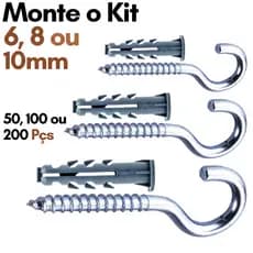 Kit Gancho e Bucha com Anel 6 8 10 Kit 50 100 200 Gancho Aberto Kit Gancho Zincado com Bucha Fixação