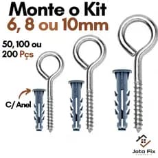 Kit Pitão e Bucha com Anel 6 8 10 Kit 50 100 200 Gancho Fechado Kit Pitao Zincado com Bucha Fixação