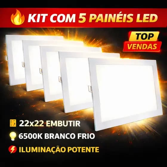 Kit 5 Painéis LED 22x22 Embutir 18W 6500K Branco Frio Slim 1800lm Plafon LED para Teto Gesso