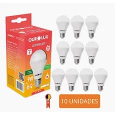 Kit 10 Lâmpadas Leds Bulbo 9W 6.500K Bivolt E27 OuroLux/Elgin Branco Frio