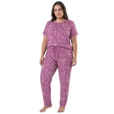 Pijama Plus Size Feminino Conjunto Estampado Suede Macio Confortável Manga Curta/ Calça Longa Adulto