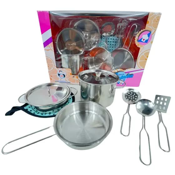 Kit Jogo De Panelinhas Metal Inox Brinquedo Infantil Cozinha Conjunto Faz De Conta Brincar Cozinhar