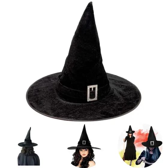 Chapéu De Bruxa Adulto Veludo Luxo Fivela Halloween Festa Fantasia Carnaval Feminino Grande Preto