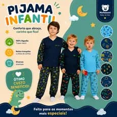 Conjunto Pijama Infantil Manga Longa Calça Malha Menino Dia Frio 1a 6 Levinho Gola V com Punho