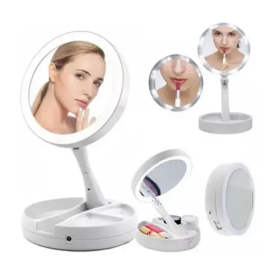 Espelho Dupla Face Maquiagem Led Iluminador Mesa Gira 360 Portátil Cabo USB Redondo