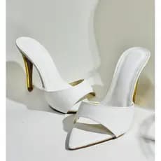 Tamanco Branco Feminino Salto Fino Dourado 10cm Bico Fino Elegante