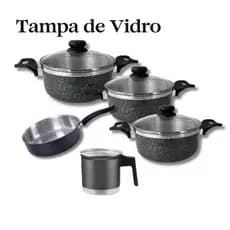 Jogo de Panelas 5 Peças Preto com Tampa de Vidro – Panelas 16/18/20 + Frigideira 20 + Caneco 12