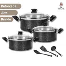 Kit 3 Panelas Caçarola Alta e Reforçada com Tampa de Vidro Tamanho N°16/18 e 20 Preto + Espátulas