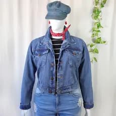 Jaqueta jeans feminina cropped, plus size GG, [MEDIDAS NA DESCRIÇÃO] [BRECHÓ]