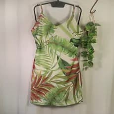 Vestido Tropical verão de alças TAM P, folhagens [MEDIDAS NA DESCRIÇÃO] [BRECHÓ]