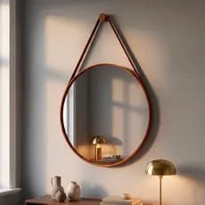 Espelho Redondo Adnet Moderno Lavabo Quarto Sala Banheiro Alça Em Couro 60cm C/ Pino Suporte