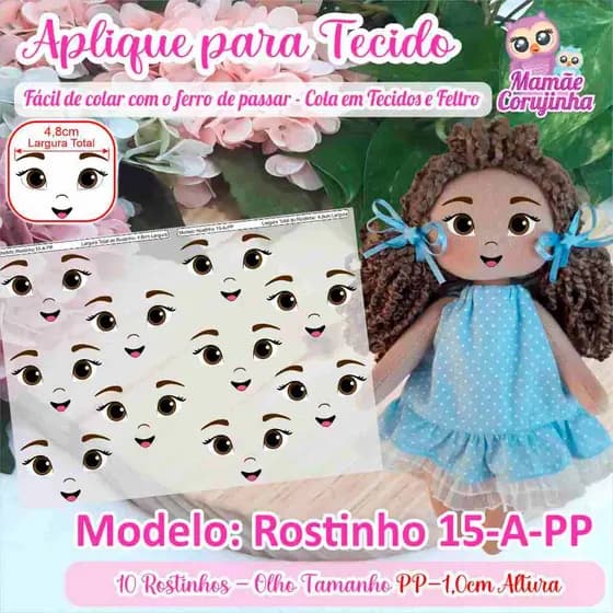 Rostinho 15-PP - Olhos Aplique Adesivo para boneca de Tecido ou Feltro - Mamãe Corujinha