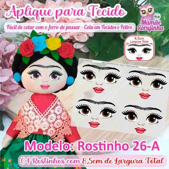 Rostinho 26 (Frida)- Olhos Aplique Adesivo para boneca de Tecido ou Feltro - Mamãe Corujinha