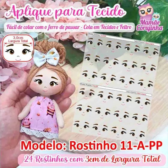 Rostinho 11-PP (3cm Largura) - Olhos Aplique Adesivo para boneca de Tecido - Mamãe Corujinha