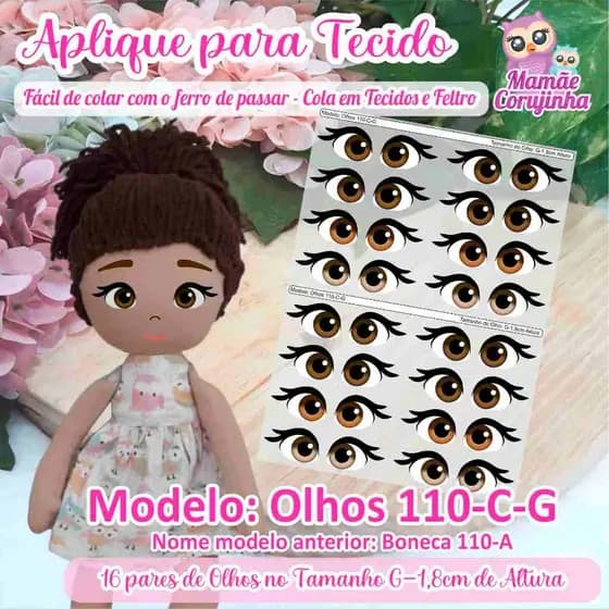 Olhos 110 - Aplique Adesivo para boneca de Tecido ou Feltro - Cola com o Ferro de Passar - Mamãe Corujinha