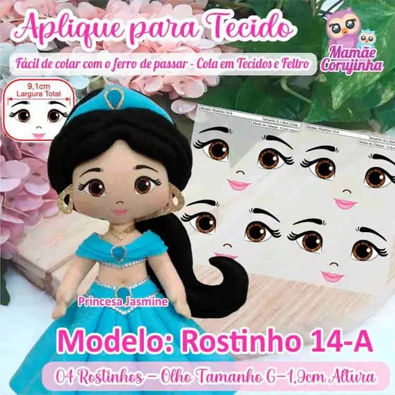 Rostinho 14 - Olhos Aplique Adesivo para boneca de Tecido ou Feltro - Cola com o Ferro de Passar - Mamãe Corujinha