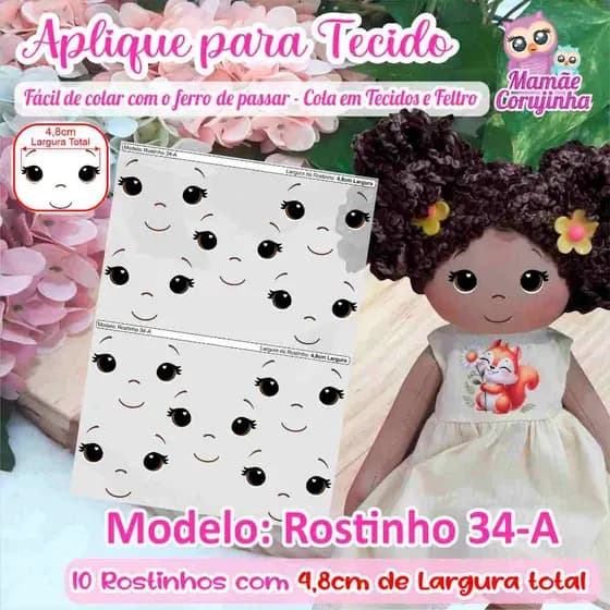 Rostinho 34 - Olhos Aplique Adesivo para boneca de Tecido ou Feltro - Cola com o Ferro de Passar - Mamãe Corujinha