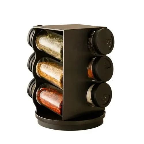 Porta Condimentos Giratório Preto Plástico 6 Potes 80ml Organizador Temperos Cozinha