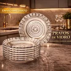Kit Até 12 Pratos De Vidro Egípcio Fundo Transparente Estrela 22cm Moderno Resistente e Sofisticado