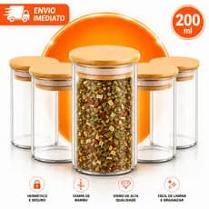 Kit 12 Potes de Vidro 200ml com Tampa de Bambu Hermético Mantimentos Condimentos Empilhaveis