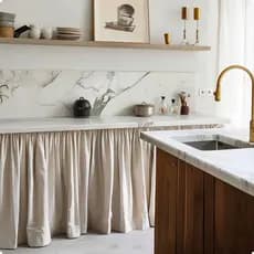 Cortina para Pia Armário Bancada Ilha Gabinete de Cozinha Banheiro Linho Cottage Boho Decoração