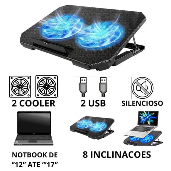 Suporte de Notebook Refrigerado Base Cooler 12 a 17" com Ventoinhas Silenciosas
