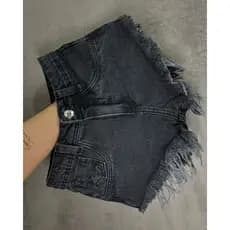 short Jeans Feminino Cinza Grafite Desfiado Elegante