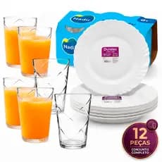 KIT 12 peças 6 Pratos pétala Vidro Opaline 6 copos Maracatu 265ml Branco de Jantar Dia a Dia