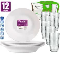 Kit 12 Pçs Pratos Duralex 6 Fundo Menu Vidro Opaline Branco + 6 Copos Zumba 270ML Buffet Almoço