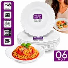 Kit Jogo 6 Pratos Fundo Duralex Opaline Vidro Branco Temperado Modelo Pétala Almoço Janta