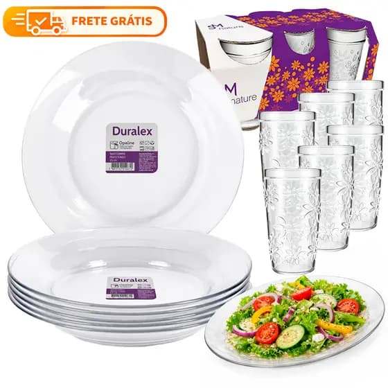 Kit 12 Peças 6 Pratos Astral Transparente Duralex Vidro Fundo 6 Copos Nature Resistente a Queda