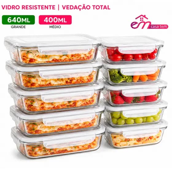 Kit de 3 a 9 Potes Vidro Hermético 640ml/400ml Retangular organizador Vasilhas Marmita Fitness