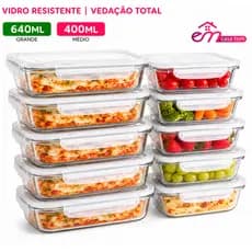 Kit de 3 a 9 Potes Vidro Hermético 640ml/400ml Retangular organizador Vasilhas Marmita Fitness