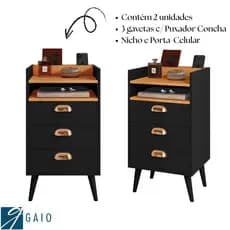 Kit com 2 UNIDADES Gaveteiro Slim Mesa de Cabeceira Quarto com 3 Gavetas Puxador Concha  Funcional