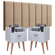 Conjunto Para Quarto Cabeceira MODULAR de 0.90 à 1.95 Cama BOX Solteiro/Casal/Queen/King com 2 Mesas de Cabeceira Milena
