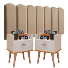 Conjunto Para Quarto Cabeceira MODULAR de 0.90 à 1.95 Cama Box Solteiro/Casal/Queen/King C/ 2 Mesas de Cabeceira Laura