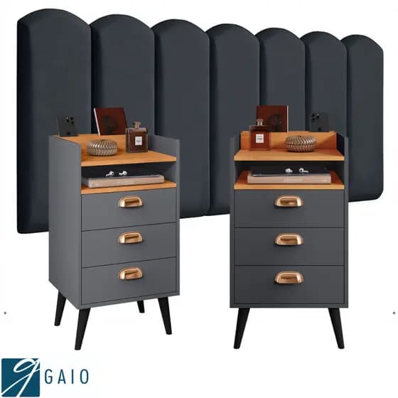 Conjunto Kit Módulos Nuvem Estofada Adesiva Quarto Cabeceira + 2 Mesas de Cabeceira 3 Gavetas Concha