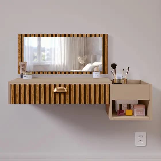Penteadeira Maquiagem Suspensa Joy closet C/ Espelho, Gaveta, Nicho, Puxador Concha BODY
