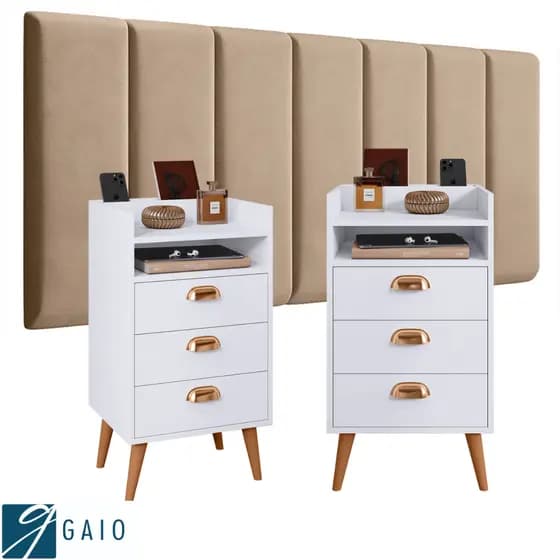 Kit Módulos Placas Para Quarto Cabeceira Cama com 2 Mesas de Cabeceira Monet 3 Gavetas Porta Celular