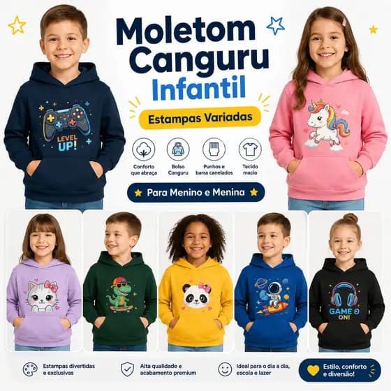 Moletom Infantil Canguru Menino e Menina | Estampas Variadas | Confortável e Quentinho