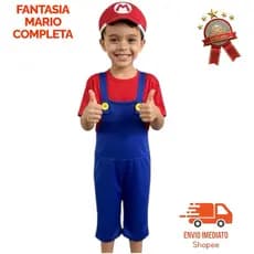 Fantasia Infantil Mario Bros Macacao Acompanha Boina de Tecido Brinde Festas Aniversario Personagem