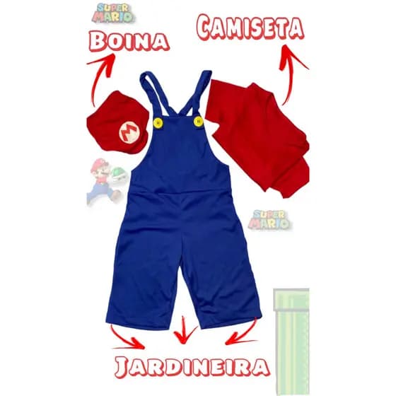 Fantasia Infantil Mario Bros Macacao Acompanha Bone de Tecido Estampado Festas Aniversario