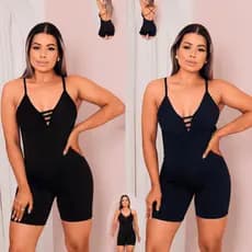 Kit 02 Macacão Fitness Preto/Azul Reforçado Decote Peito Moda Academia Yoga Treino Levanta Bumbum